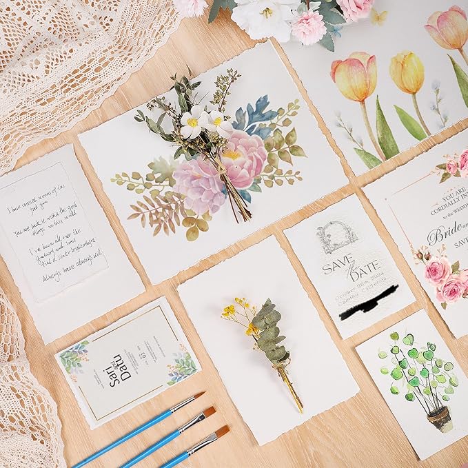 25 Sheets Watercolor Paper 8.5 x 11, 300 GSM Deckled Edge Paper Rough/Textured Handmade Paper Cotton Paper for Watercolors, Wedding Invitations, Cards, Crafts