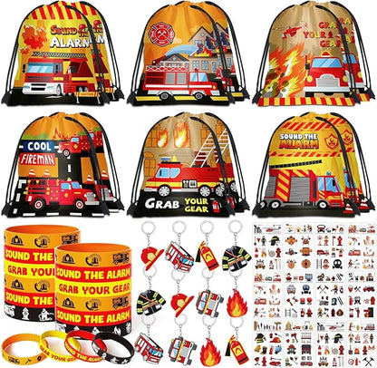 Fire Truck Party Favors Birthday Supplies, Firefighter Drawstring Bag Keychain Silicone Bracelet Tattoo Sticker, Firetruck Birthday Party Goodie Bag Stuffers Fillers Classroom Rewards for Kid