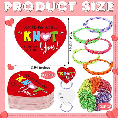 100 Pack Valentine Knot Bracelets with Card Student Valentine Gifts from Teacher Bulk Kids Friendship Bracelets Will Knot Be The Same Without You Classroom Exchange Cards for Party Favors