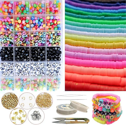 Clay Beads Jewelry Making Kit 10,500PCS - Complete Bracelet Making Kit for Kids with Flat Beads, Polymer Clay Flat Letter Beads, Preppy Bracelet Kit for DIY Heishi Bead Kit