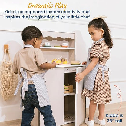 ECR4Kids Play Kitchen Storage Cupboard, Wooden Playset, White Wash