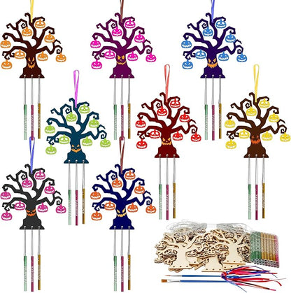 Fennoral 9 Pack Halloween Tree Wind Chime Kit for Kids Make You Own Wind Chimes Wooden Arts and Crafts DIY for Girls Boys Coloring Halloween Hanging Ornaments Halloween Party Decorations