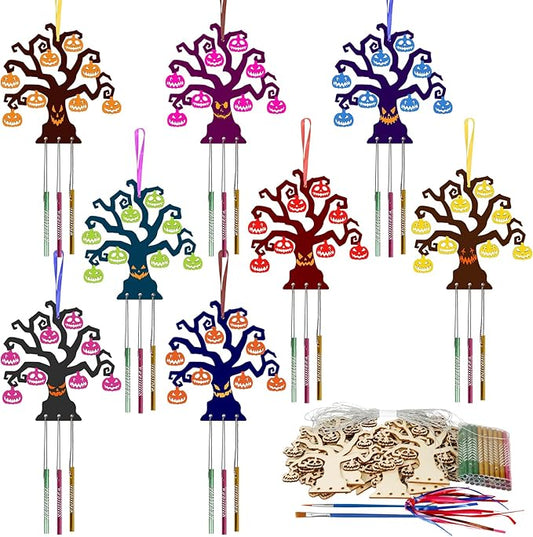 Fennoral 9 Pack Halloween Tree Wind Chime Kit for Kids Make You Own Wind Chimes Wooden Arts and Crafts DIY for Girls Boys Coloring Halloween Hanging Ornaments Halloween Party Decorations