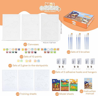 BONNYCO Paint by Numbers Kit for Kids Dinosaurs Pack 3 Canvas Paint by Number Canvas, Dinosaurs Gifts for Boys, Arts and Crafts, Kids Paint by Number Kits, Pre Drawn Canvas for Painting for Kids