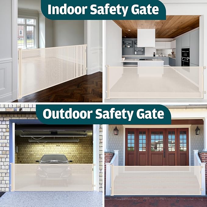 105 Inch Retractable Baby Gates Extra Wide Retractable Dog Gate Extra Wide Baby Gates for Large Openings Extra Long Dog Gates for Doorways Indoor Outdoor Extra Large Pet Gates for Dogs, Beige
