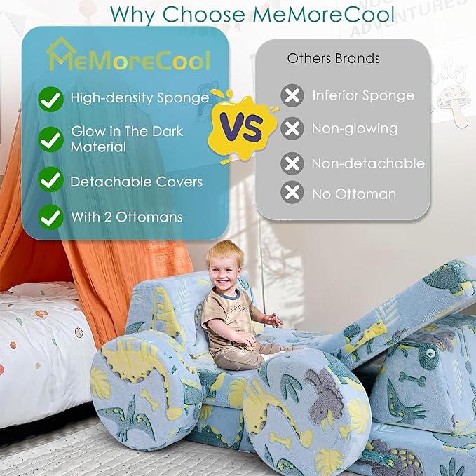 MeMoreCool Modular Glow Sofa for Kids, 8-Piece Convertible Foam Couch Play Set with Glowing Dinosaur Design for Toddlers and Playroom