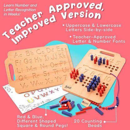 Montessori Counting Peg Board - Number & Letter Tracing Board - Wooden Montessori Alphabet & Counting Toys Toddlers 3+ Years Old - Alphabet Learning + Education Home Schooling Materials Pre-K