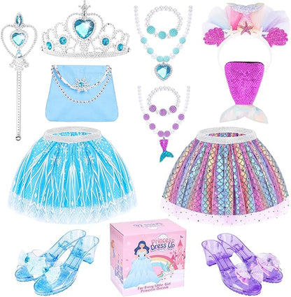 Princess Dress Up Shoes, Jewelry Princess Toys Pretend Role Play with 2 Pairs of Shoes, Skirt, Purse, Princess Dress Up Clothes for Little Girls Princess Gifts Toys for Girls Age 3 4 5 6 Year Old