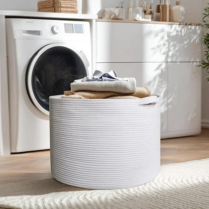 MEGASKET 115L White Cotton Rope Storage Basket, 23.6"x15.7" Extra Large Blanket Storage Living Room, XXXL Soft Toy Bin for Organizing, Woven Baby Laundry Basket with Handle, Wicker Hamper Nursery