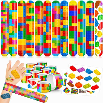48PCS Building Block Party Favors - 24PCS Tattoos & 24PCS Slap Bracelets - Birthday Party Supplies, Classroom Prizes, Carnival Gifts, Christmas Decorations for Boys & Girls