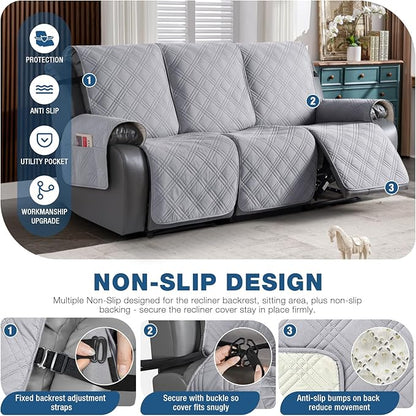 TAOCOCO 100% Waterproof Recliner Couch Cover, Non Slip Split Couch Covers for Reclining Couches with Elastic Straps, Washable Reclining Couch Covers Furniture Protector for Pets(3 Seater, Light Grey)