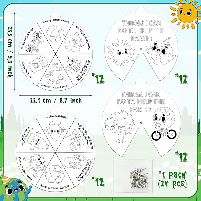 COcnny Earth Day Coloring Craft- 24 Sets Color Your Own Globe Art Craft DIY Wheel Cards for Kids, Save The Earth Eco Natural Spining Paper Craft Art for Sunday School Home Class Preschool Activities