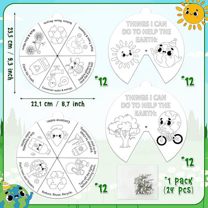 COcnny Earth Day Coloring Craft- 24 Sets Color Your Own Globe Art Craft DIY Wheel Cards for Kids, Save The Earth Eco Natural Spining Paper Craft Art for Sunday School Home Class Preschool Activities