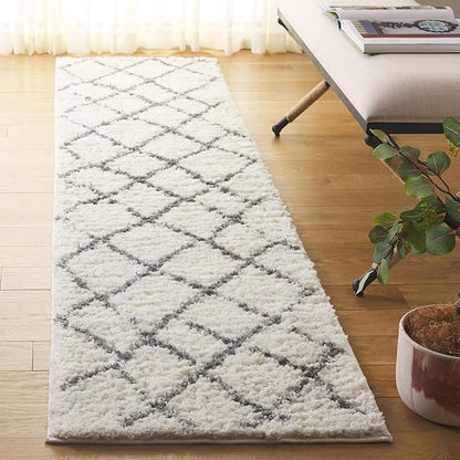SAFAVIEH Berber Shag Collection Runner Rug - 2'2" x 9', Cream & Light Grey, Moroccan Design, Non-Shedding & Easy Care, 1.2-inch Thick Ideal for High Traffic Areas in Living Room, Bedroom (BER162C)