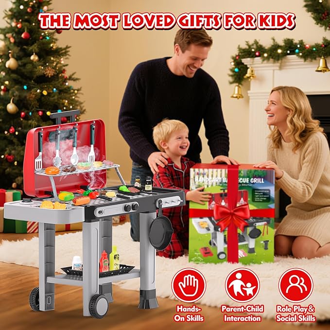 86PCS Kids Play Kitchen Toys: Kids Grill Playset with Smoke, Sound, Light, UV&Water Color-Changing Play Food, Pretend Kids Kitchen Playset, Interactive BBQ Outdoor Toys, Birthday Gift for Toddler