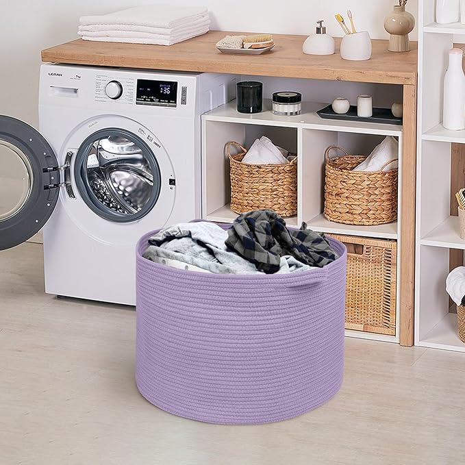 MEGASKET Purple Rope Storage Basket, 22" X 14" Large Woven Baskets, Jumbo Floor Bin for Throw Blankets Pillows, Baby Laundry Basket, Dirty Clothes Organizer, Big Storage Bin for Toys, Towels