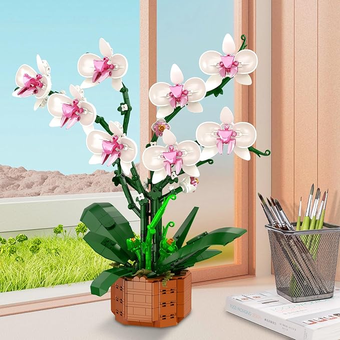 Orchid Building Blocks Set with LED Light – DIY Artificial Flower Kit for Home Decoration, for Adults and Kids 6-14,Ideal for Christmas,Birthdays,and Special Occasions,729-Piece