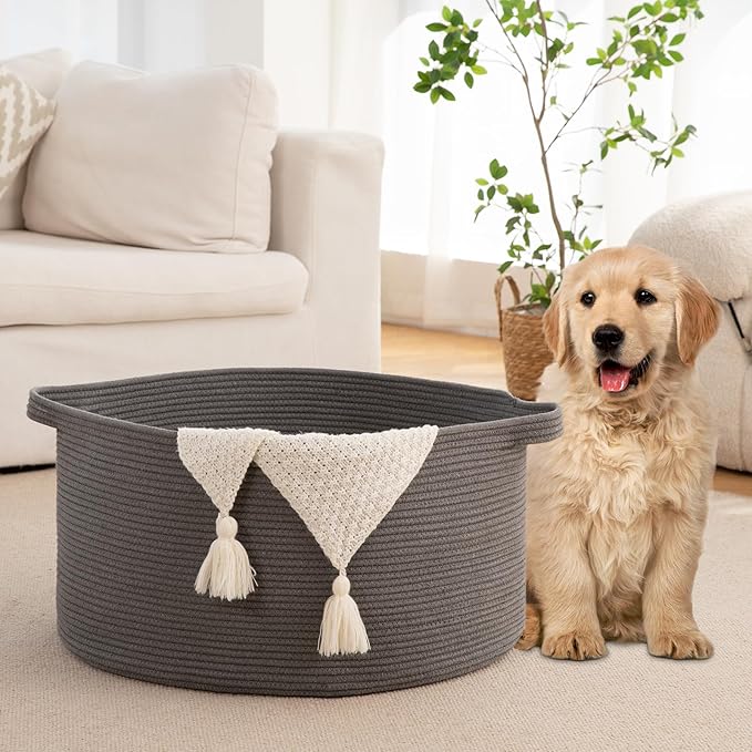 OIAHOMY 90L Blanket Basket for Living Room, Large Basket 23" x 23" x 13" with Handle, Laundry Hamper for Blankets, Pillows, Toy Storage for Kids, Dogs - Grey