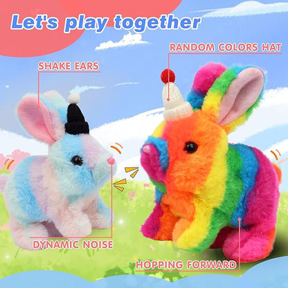 Hopearl Hopping Rabbit with Hat Interactive Electronic Pet Plush Bunny Toy with Sounds and Movements Animated Walking Wiggle Ears Twitch Nose Gift for Toddlers Birthday, Rainbow, 7''