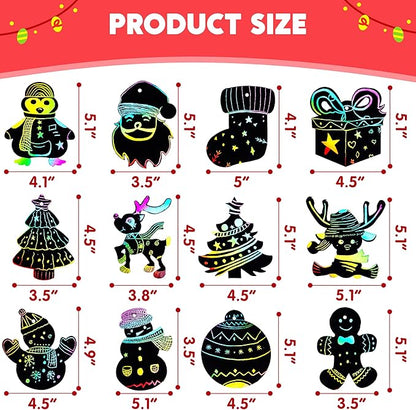 JOYIN 72 Pcs Christmas Scratch Art Ornaments, Rainbow Color Scratch Paper Craft Kit Include Snowman, Christmas Tree, and Reindeer, Scratch Off Hanging Ornament for Kids Party Favor