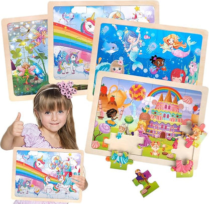 Jigsaw Puzzles Wooden Puzzles for Girls Ages 3-5 Unicorn Mermaid Princess Fairy Puzzle Preschool Educational Brain Teaser Boards Toys Gifts for 3 4 5 6 Year Old Kids 4 Packs 24 Pcs