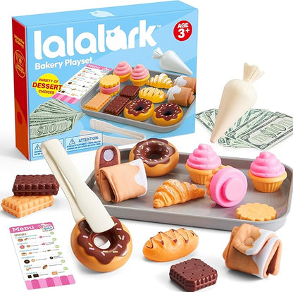 Cookie Play Food Set, Toddler Pretend Toys, 17 PCS Kitchen Toy Food Sets with Plastic Cookies, Baking Menu, Bakery Tray, and Play Money for Boys and Girls, Birthday Gift for Kids