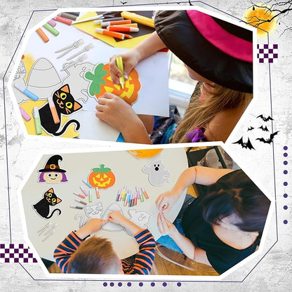 24 Sets Halloween Sand Art Craft Kit for Kids Halloween Pumpkin Candy Ghost Witch Cat Bat Painting Kit with Colored Sand Brushes Create Your Own Sand Art for Halloween Party Fun Activities