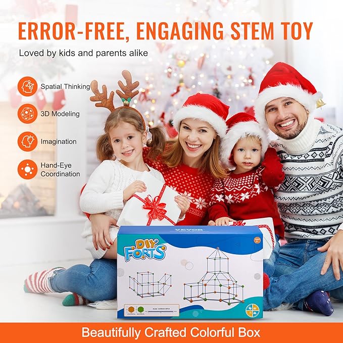 VEVOR Fort Building Kit for Kids, 120PCS STEM Building Toys, Educational Gift for 4 5 6 7 8+ Year Old Boys & Girls, Indoor Outdoor Play Tent Builder Set Construction Toys with 80 Rods and 40 Balls