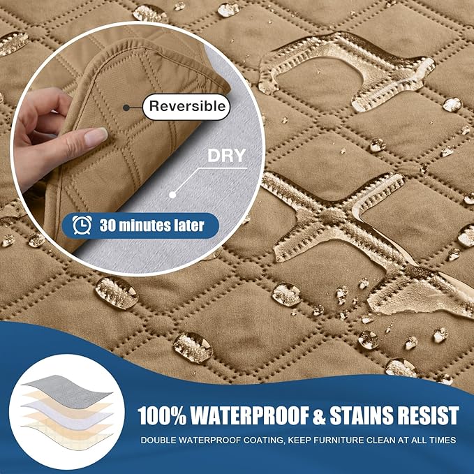 TAOCOCO 100% Waterproof Recliner Covers, Recliner Sofa Covers with Leg Straps, Reversible Recliner Couch Cover for Reclining Chair, Washable Couch Protector for Pets Kids(2 Seater, Camel)