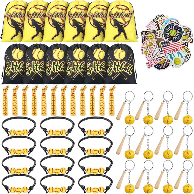 Jenaai 148 Pcs Softball Party Favors Include Softball Drawstring Bags Softball Charm Bracelets Softball Keychain Softball Hair Ties Softball Stickers, Softball Gifts for Women Birthday(Classic)