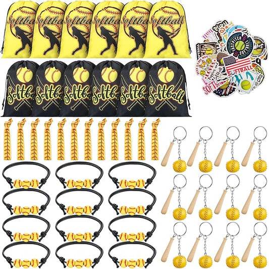 Jenaai 148 Pcs Softball Party Favors Include Softball Drawstring Bags Softball Charm Bracelets Softball Keychain Softball Hair Ties Softball Stickers, Softball Gifts for Women Birthday(Classic)