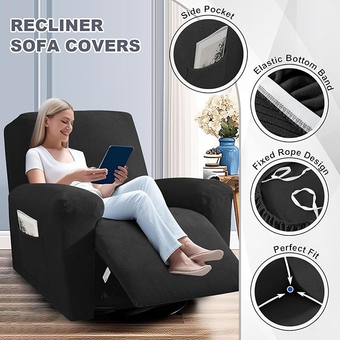 JIVINER Recliner Chair Covers, Jacquard 3 Piece Slipcovers for Recliner Chair Soft Stretch Lazy Boy 1 Seater Reclining Protector with Pockets (Recliner, Black)