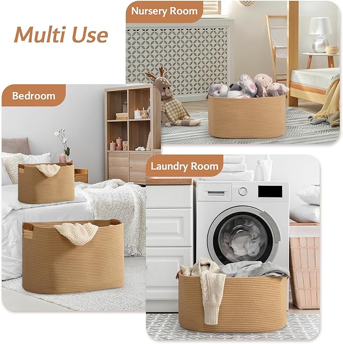 danpinera Large Blanket Basket for Living Room, 72 L Woven Cotton Rope Baskets for Kids Toy, Pillows, Towels, Cotton Organizing with leather handle, Storage Bin for Nursery, 22’’*17’’*11.8’’ Jute