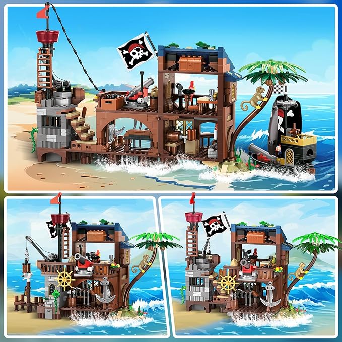 HOGOKIDS Pirate Ship House Building Set with LED Light - 3 Style Modes Pirate Wharf Supply Center Building Block Set, 781PCS STEM Bricks Kit for Kids Girls Boys Ages 6-12+ Birthday Gifts