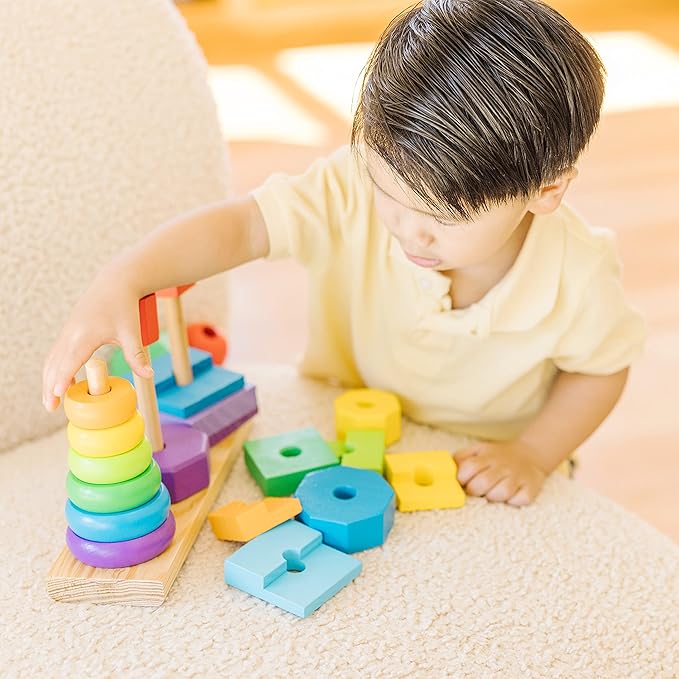 Melissa & Doug Geometric Stacker - Wooden Educational Toy Wooden Shape Sorter And Stacking Toy, Stacking Tower For Babies, Toys For Toddlers And Kids Ages 2+