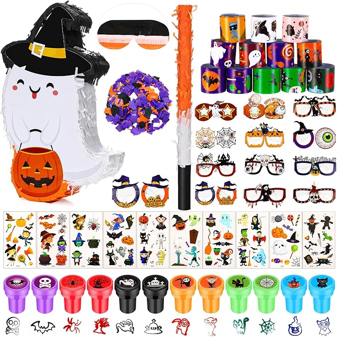 Jenaai 50 Pcs Halloween Piñatas Party Favors Include Large Piñatas with Blindfold Slap Bracelets Paper Eyeglasses Glow in the Dark Stickers and Stamper Halloween Party Supplies(Ghost)