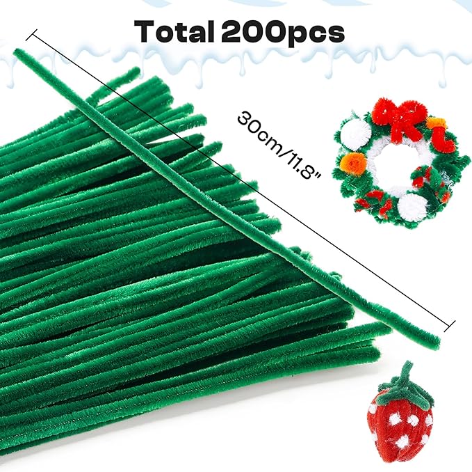 Caydo 200 Pieces Christmas Dark Green Pipe Cleaners Craft Flexible Chenille Stems for Kids Art Craft Projects and Decoration, 12 Inch x 6 mm
