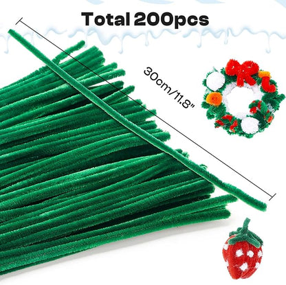 Caydo 200 Pieces Christmas Dark Green Pipe Cleaners Craft Flexible Chenille Stems for Kids Art Craft Projects and Decoration, 12 Inch x 6 mm