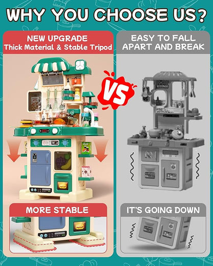 49Pcs Kitchen Playset for Boys & Girls, Kid Play Kitchen with Realistic Lights & Sounds, Spray Sink Toy Kitchen Accessories, Pretend Food Toys Kitchen for Toddlers(Green)