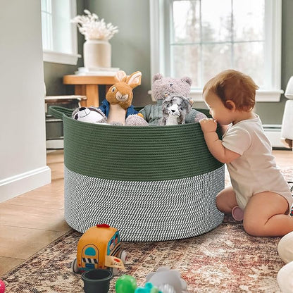 INDRESSME 115L Extra Large Cotton Rope Blanket Basket, Home Decor Laundry Storage Basket for Organizing Bedroom, Living Room, Nursery, Toy Storage for Colthes Towel, Green