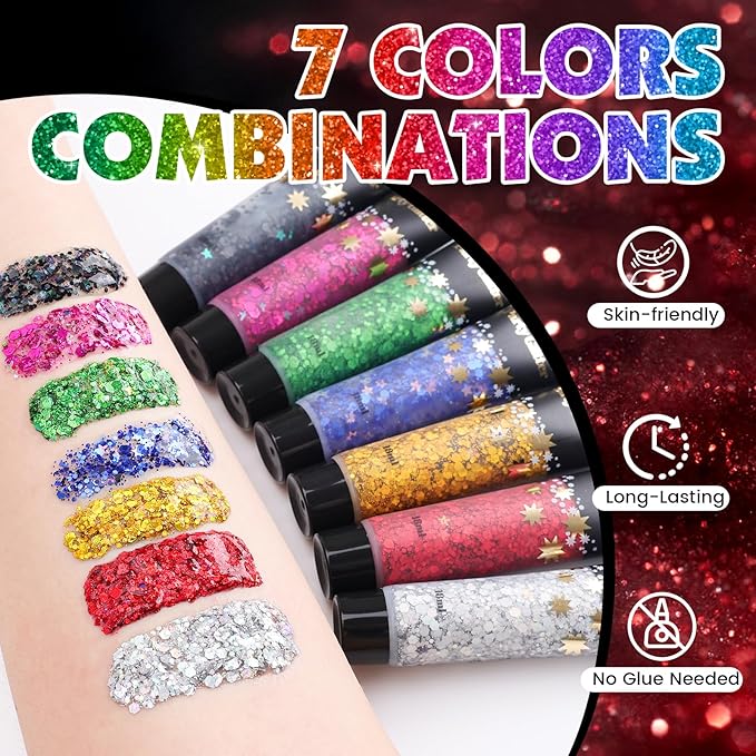 AROIC Face Glitter, 14Pcs St Patricks Day Accessories, Body & Hair Glitter Gel Sparkle Makeup Party Rave Outfits, Concerts Festival Face Paint，Rave Accessories Music Festivals Black Light Party