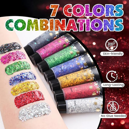 AROIC Face Glitter, 14Pcs St Patricks Day Accessories, Body & Hair Glitter Gel Sparkle Makeup Party Rave Outfits, Concerts Festival Face Paint，Rave Accessories Music Festivals Black Light Party