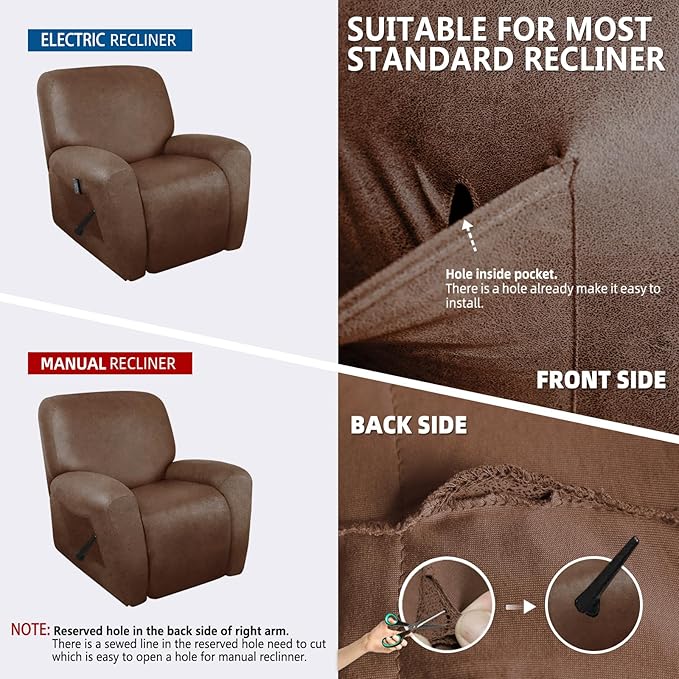 molasofa Recliner Chair Covers Large Size Oversized - 4 Pieces Leather Like Extra Large Recliner Chair Covers Stretch Recliner Slipcover for Lazy Boy Wide Recliner Chair Washable (Brown)