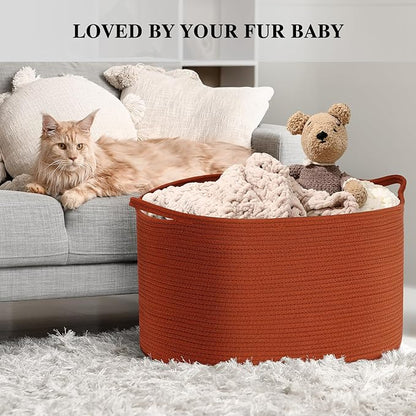 XXL Large Cotton Rope Basket - Maliton Large Storage for Blankets, Towels, Pillows - Round Toy Basket - Woven Laundry Hamper with Handles - 22" x 22" x 14" Nursery Hamper Bin, Burnt Orange