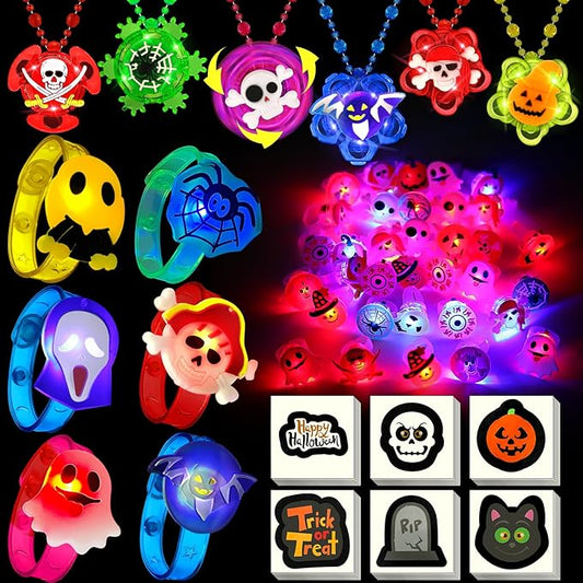 84 PCS Halloween Party Favors for Kids, Halloween Glow in the Dark Toys Rotating Spin Light Up Necklaces LED Rings Bracelets Decorations, Halloween Trick or Treats Goodie Bag Fillers Party Supplies