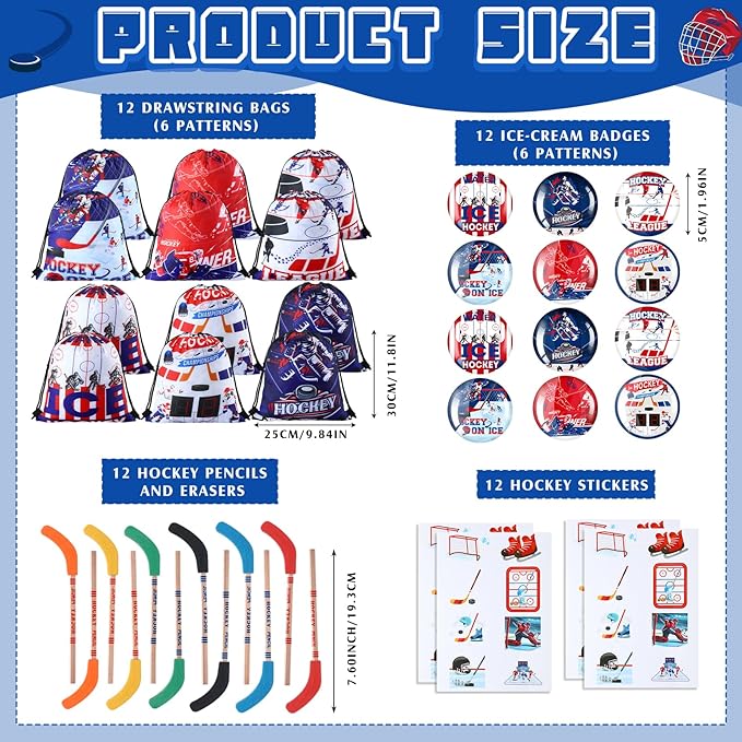 Paterr 102 Pcs Hockey Party Favor Supplies Set Include Hockey Drawstring Bags Silicone Bracelets Badge Buttons Spiral Notebooks Hockey Pencils and Erasers Bookmarks and Stickers for Hockey Gifts