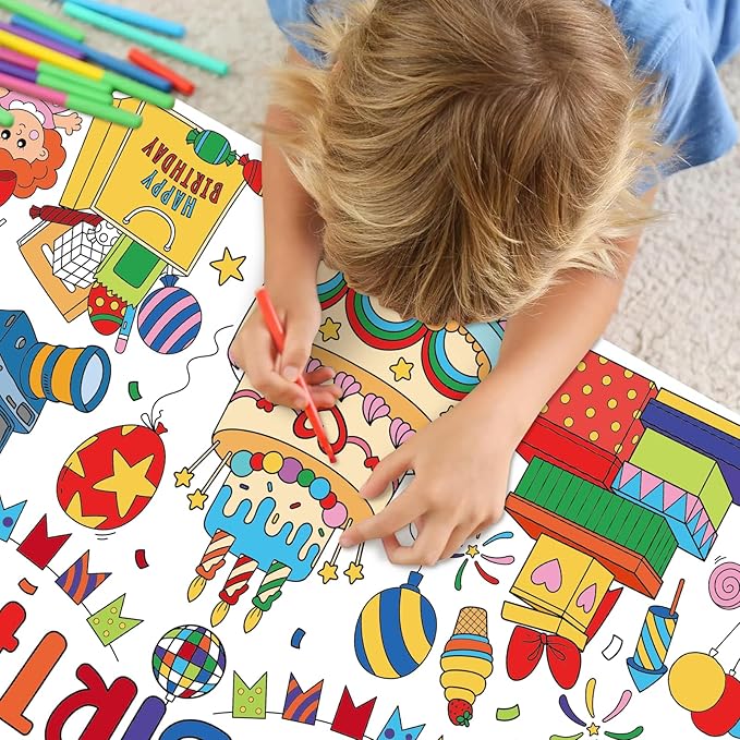 Happy Birthday Giant Coloring Poster for Kids 30x72 Inch, Birthday Large Coloring Poster Tablecloth, Birthday Themed Color-in Activities Games for Kids School Classroom Home Party Supplies Decorations