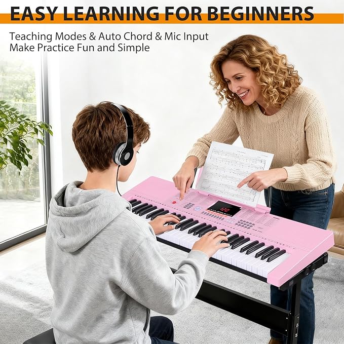 ZENY 61-Key Portable Electric Keyboard Piano with Built In Speakers, LED Screen, Headphones, Microphone, Piano Stand, Music Sheet Stand and Stool (Pink)
