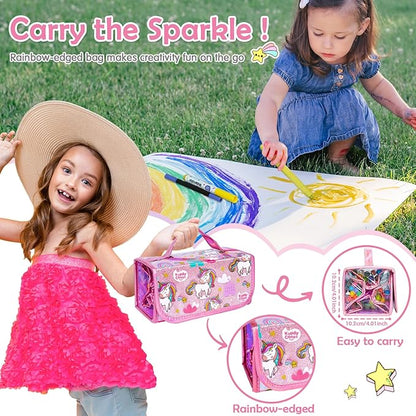KIDDYCOLOR Unicorn Washable Markers Set 69 pcs with Glitter Pencil Case - Arts and Crafts Coloring Kit for Kids Ages 4-8, Includes Unicorn Stickers - Perfect Gifts for Girls