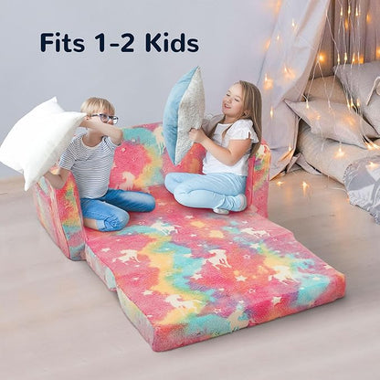 Elevon 2 in 1 Wider Toddler Couch, Flip Open Soft Sofa Bed, Glow in The Dark Flannel Baby Couch, 2-Seat Kids Chair Convertible Couch Easy Fold & Unfold, Baby Recliner Sofa for Girls and Boys